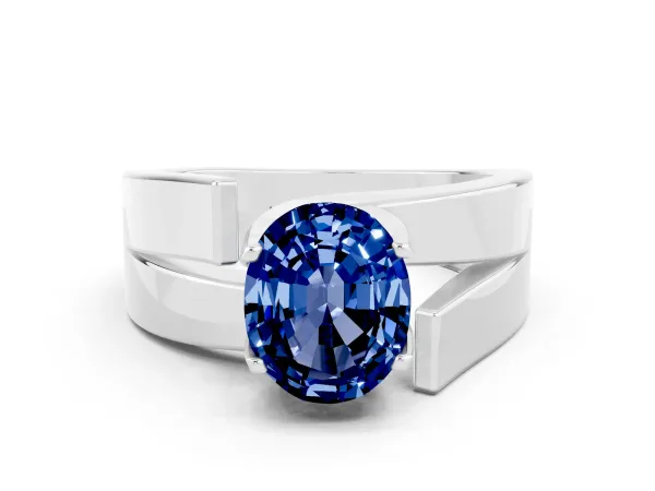 Modern Tension Set Oval Cut Blue Sapphire Solitaire Wide Band Ring Platinum