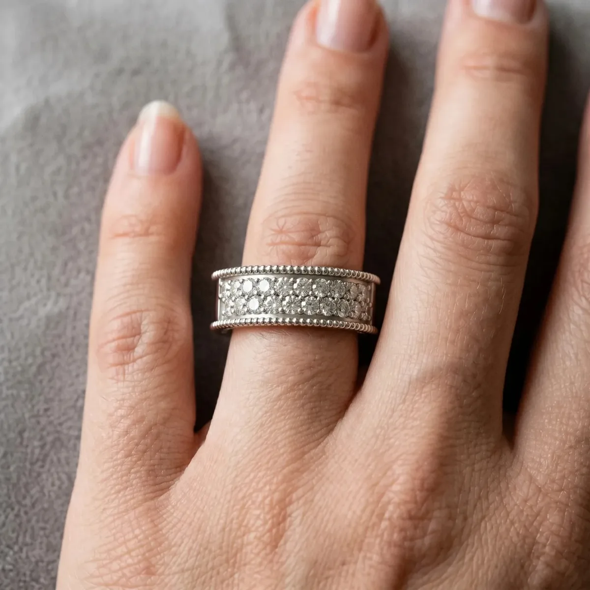 Round Cut Diamond Pave Eternity Band with Bead Prong Setting Platinum