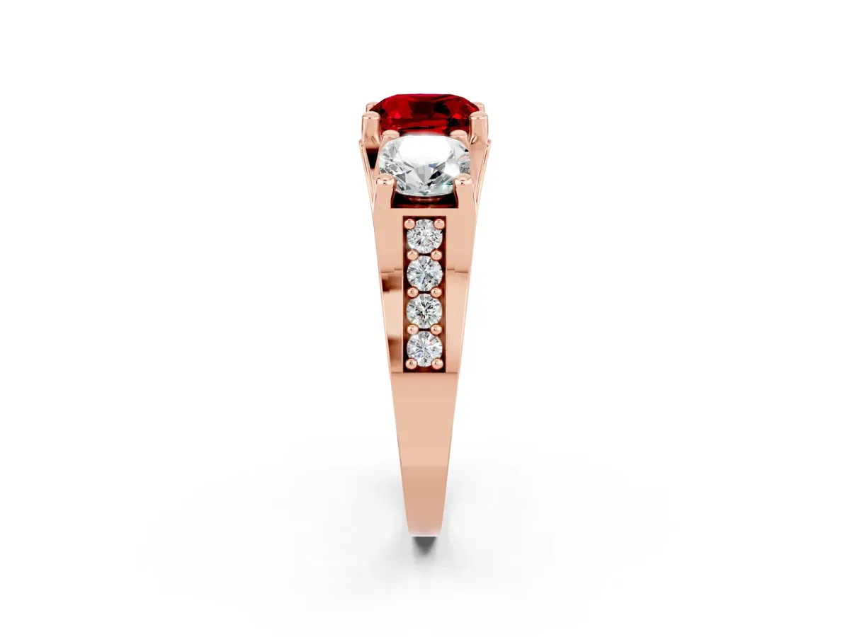 Cushion Cut Ruby Three-Stone Ring with Channel Set Band and Four-Prong Setting Rose gold