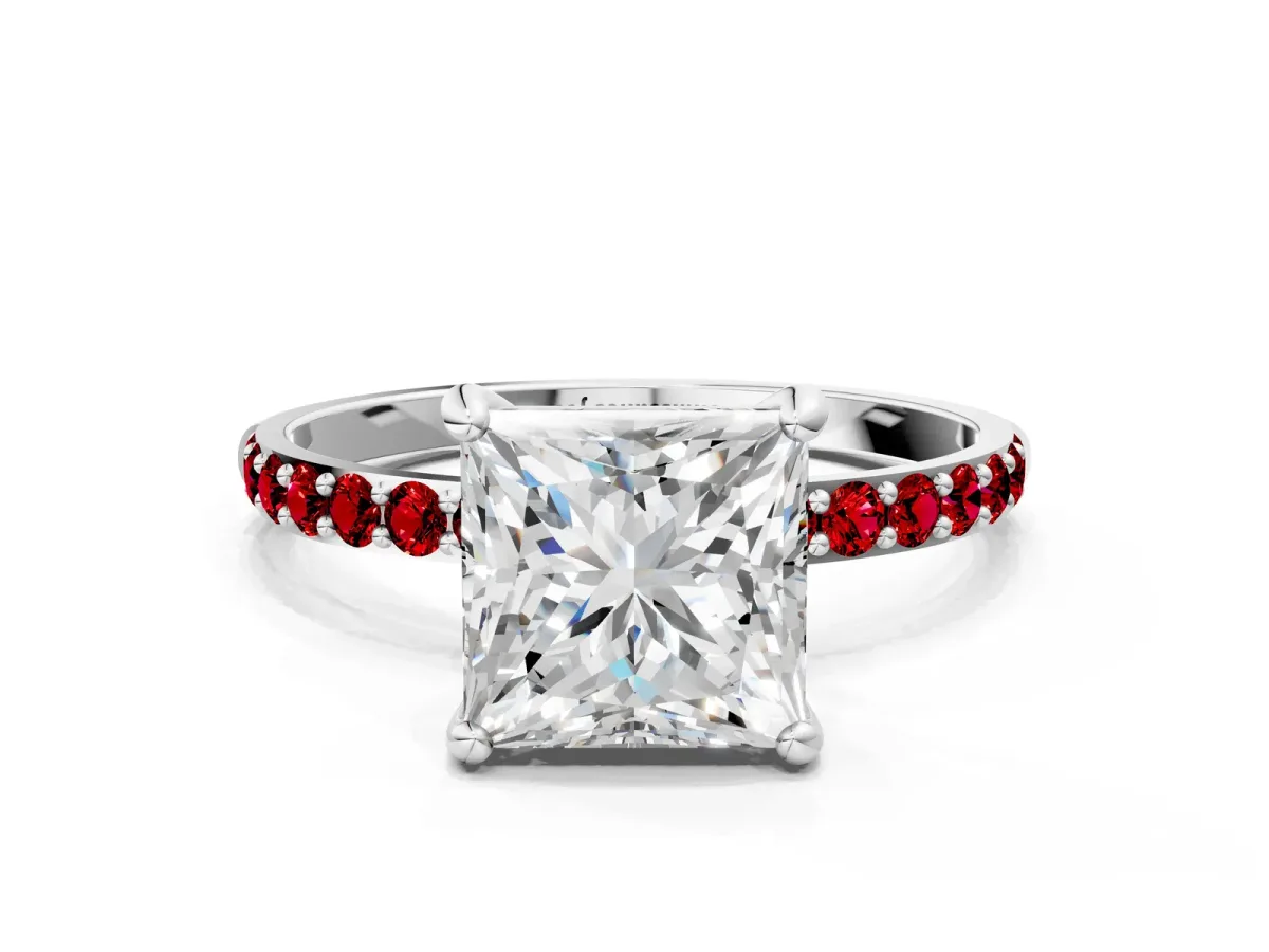 Princess Cut Diamond Solitaire Ring with Round Ruby Pavé Band and Prong Setting White gold