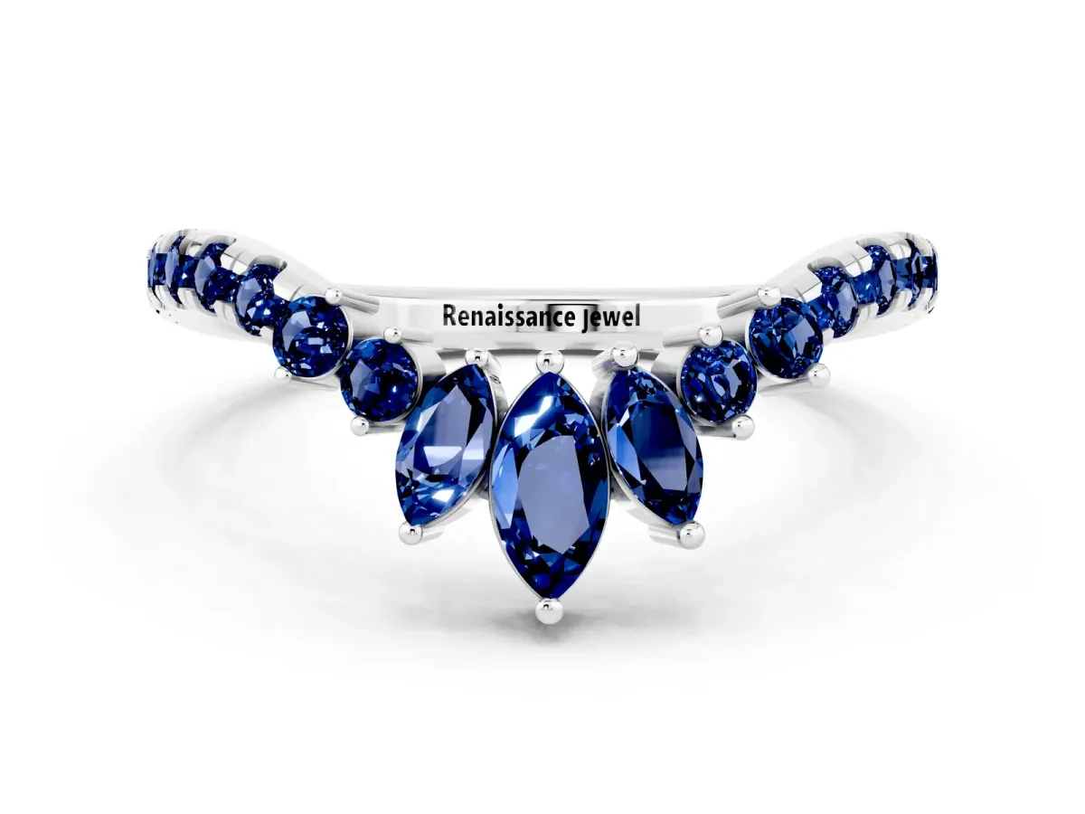 Chevron Marquise and Round Blue Sapphire Open Band with Prong Setting Silver