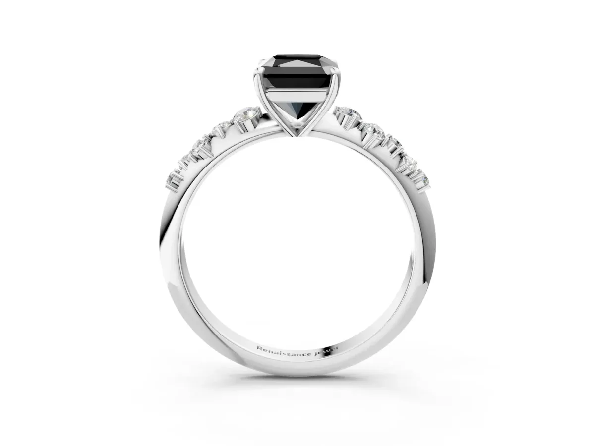 Fancy Black Radiant Cut Diamond Cluster Side Stone Solitaire Ring with Prong Setting Platinum