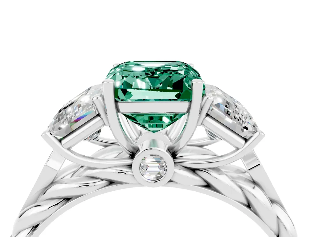 Three-Stone Emerald Cut Green Sapphire Braided Band Ring with Four-Prong Setting Silver