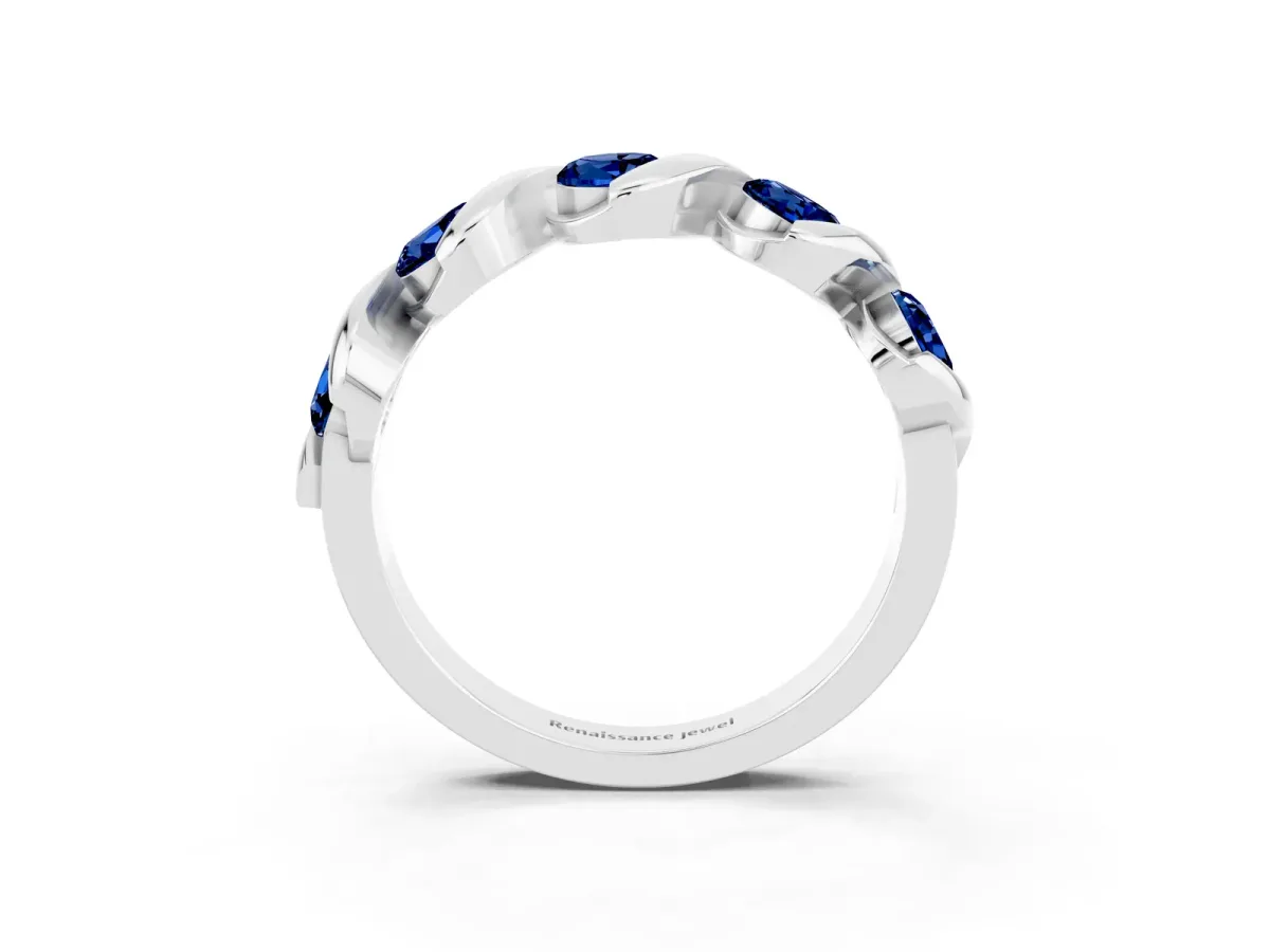 Round Blue Sapphire Wave Band with Channel Setting and Shared Prongs White gold