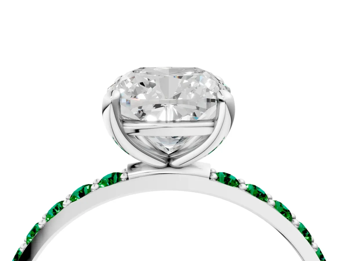 Cushion Cut Diamond Solitaire Ring with Round Emerald Pavé Band and Prong Setting Silver