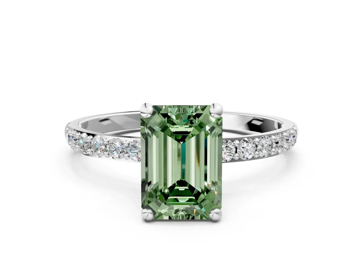 Fancy Green Emerald Cut Diamond Solitaire Ring with Round Pavé Band and Prong Setting Silver
