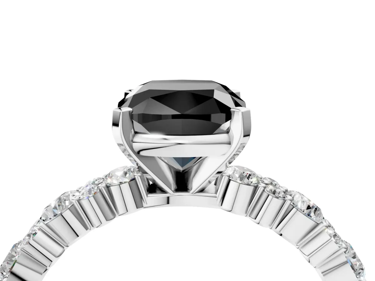 Fancy Black Cushion Cut Diamond Side Stone Solitaire Ring with Round and Four-Prong Setting Platinum