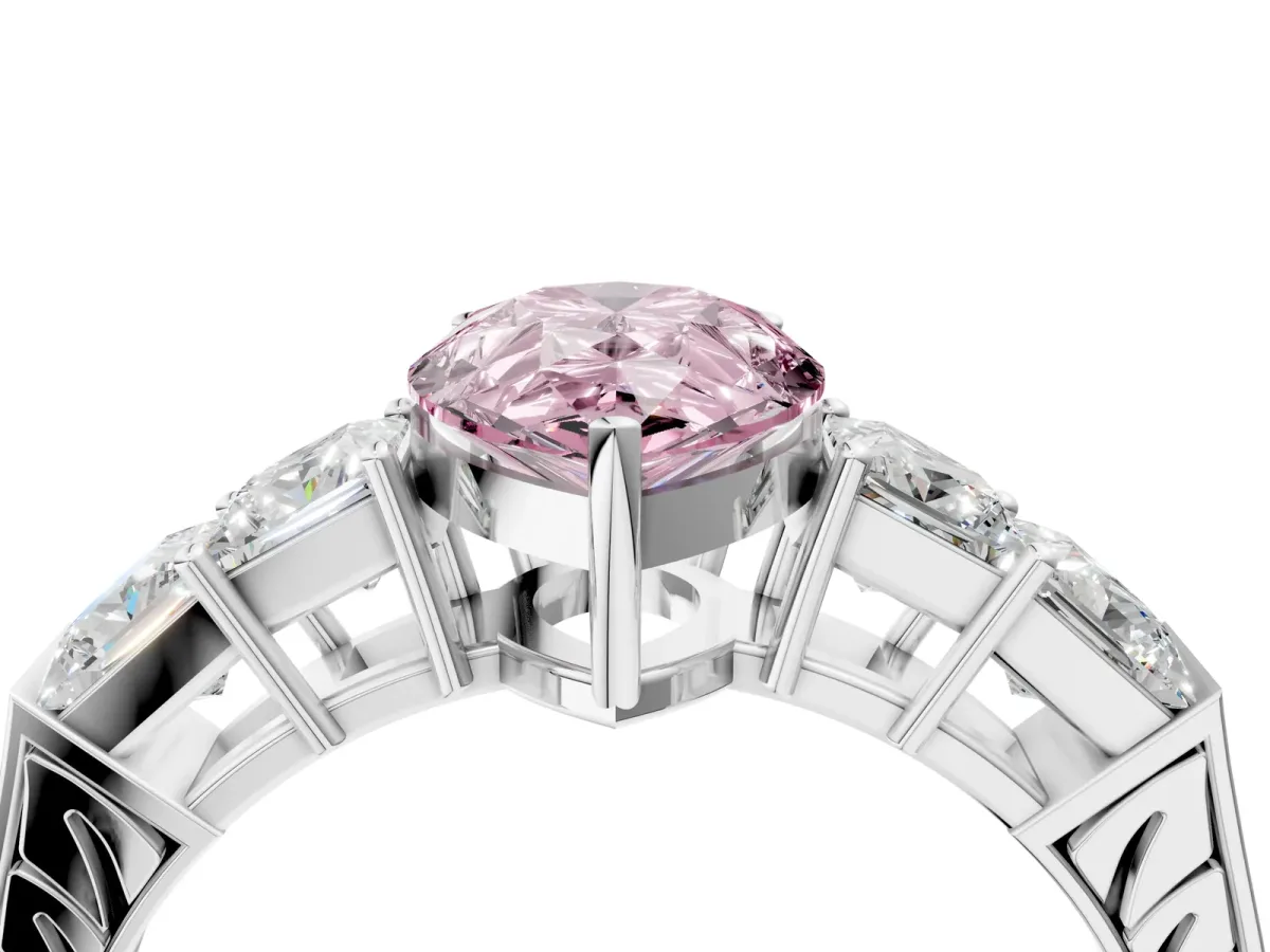 Fancy Pink Pear Cut Solitaire Princess Side Stone Engraved Band Prong Setting Ring White gold