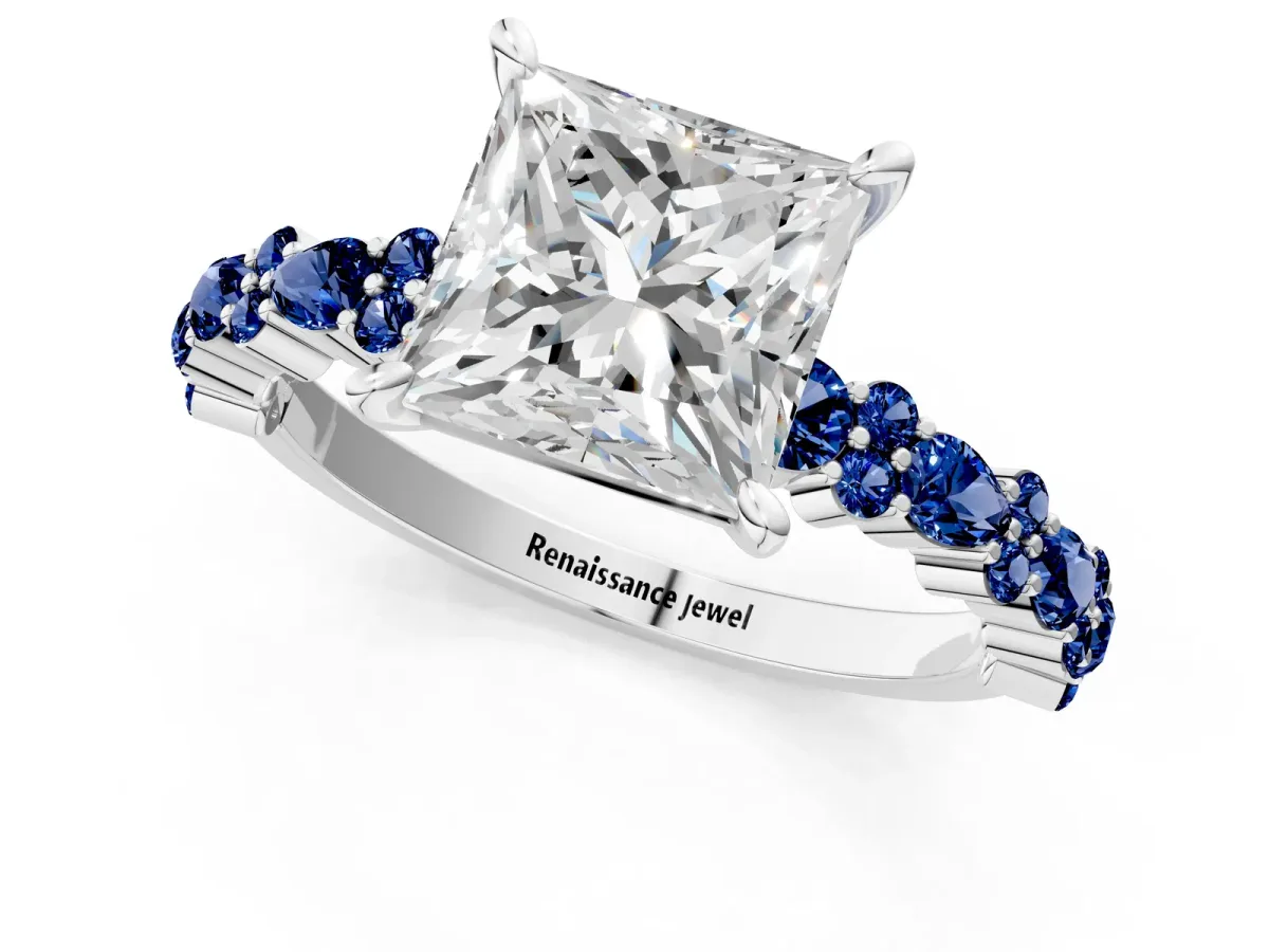 Princess Cut Diamond Side Stone Solitaire Ring with Round Blue Sapphire and Four-Prong Setting Silver