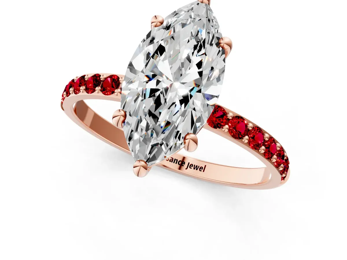 Marquise Cut Diamond Solitaire Ring with Round Ruby Pavé Band and Prong Setting Rose gold