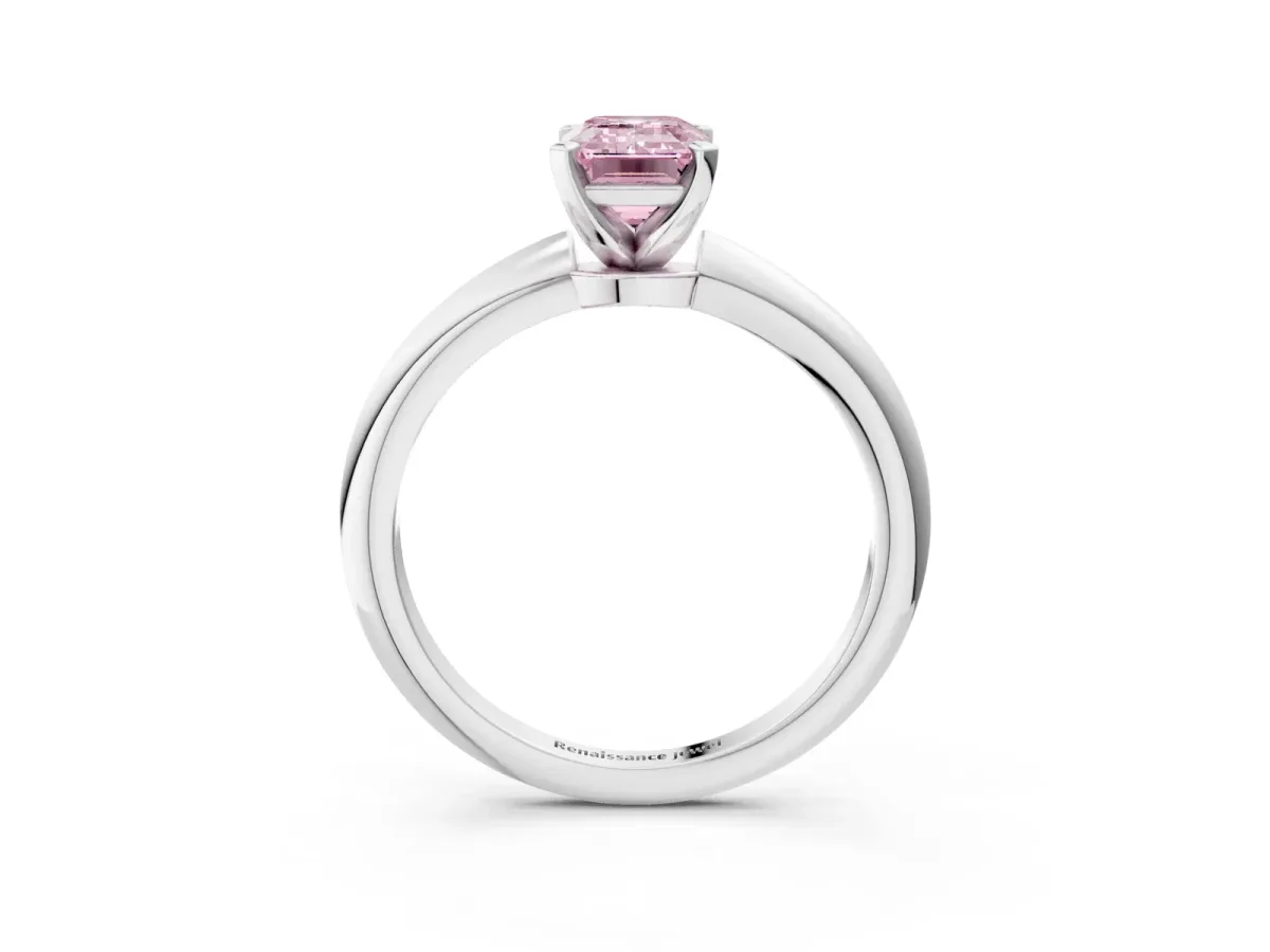 Fancy Pink Emerald Cut Diamond Solitaire Ring with Six-Prong Setting and Classic Band Silver