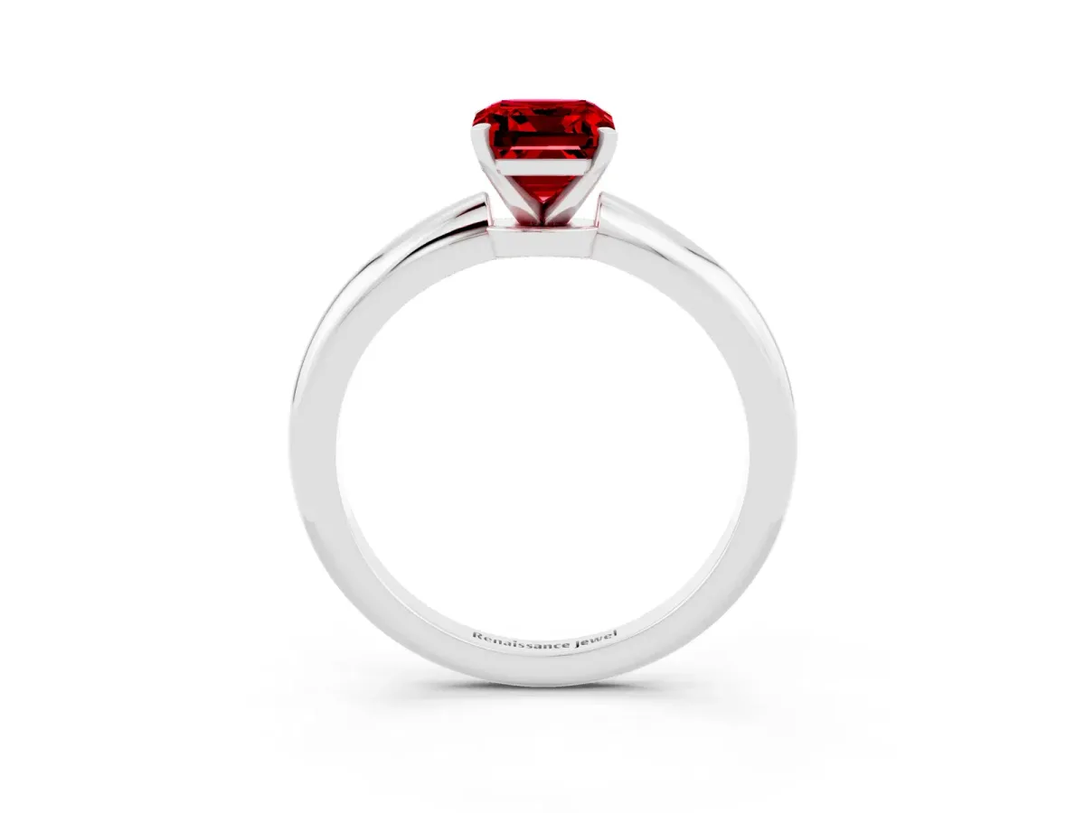 Emerald Cut Ruby Solitaire Ring with Six-Prong Setting and Classic Band Silver