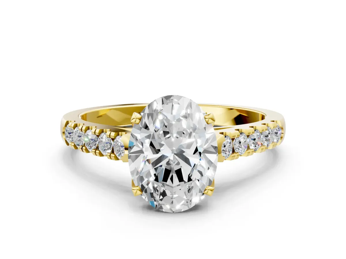 Oval Cut Diamond Pavé Band Solitaire Ring with Prong Setting Yellow gold