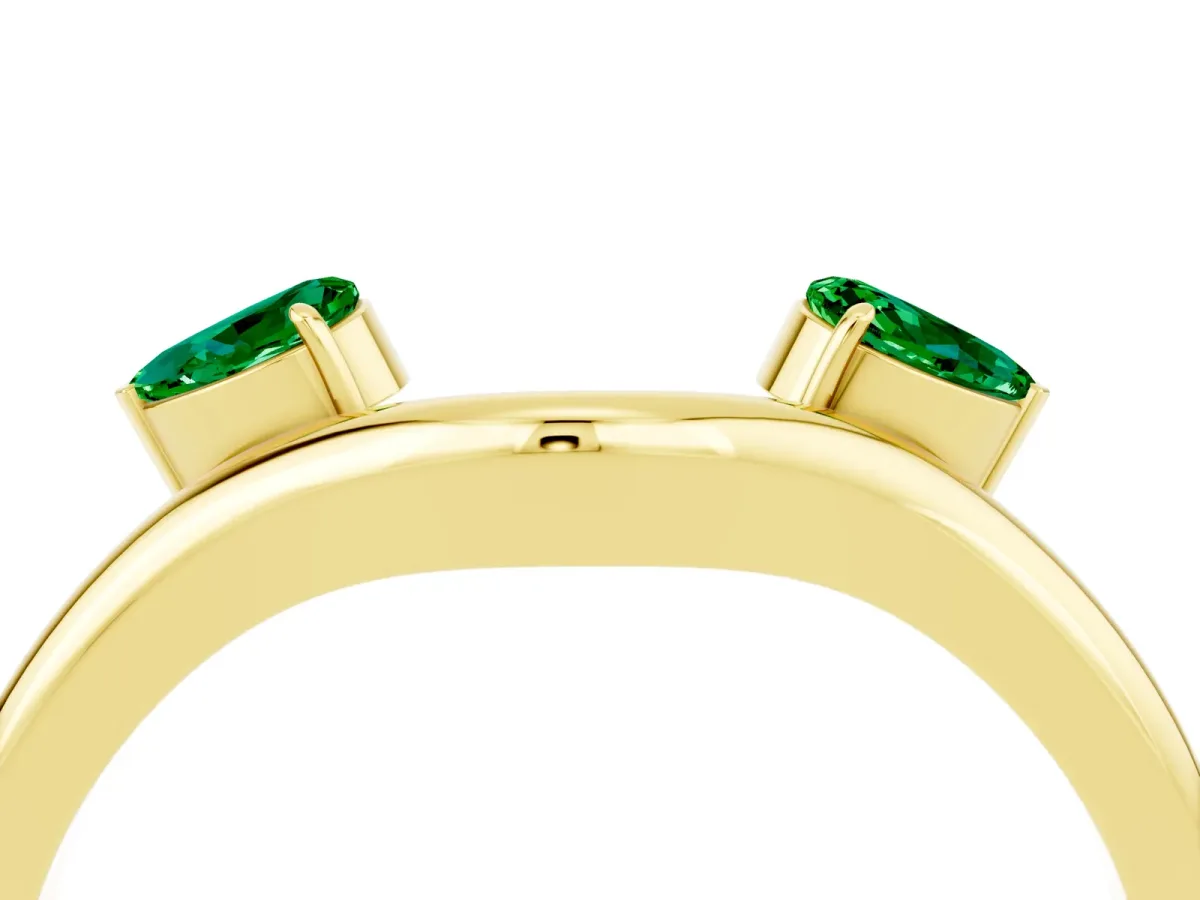 Pear Cut Emerald Two-Stone Open Band Ring with Prong Setting Yellow gold