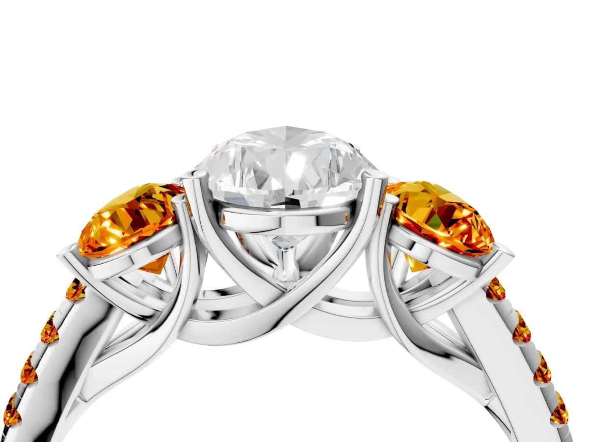 Three-Stone Pear Cut Diamond Ring with Round Citrine Pavé Band and Prong Setting Platinum