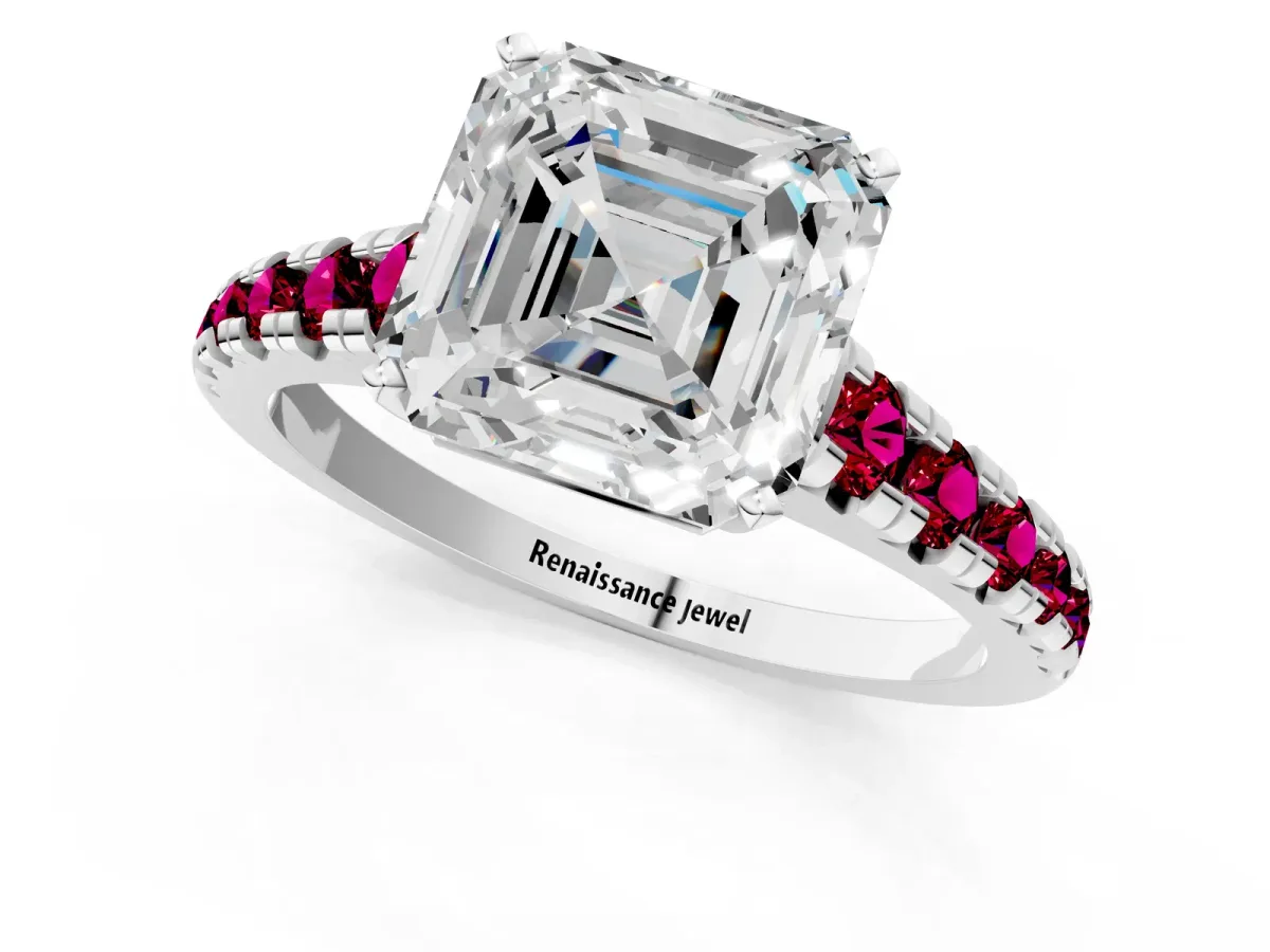Asscher Cut Diamond Cathedral Solitaire Ring with Round Garnet Pavé Band Silver