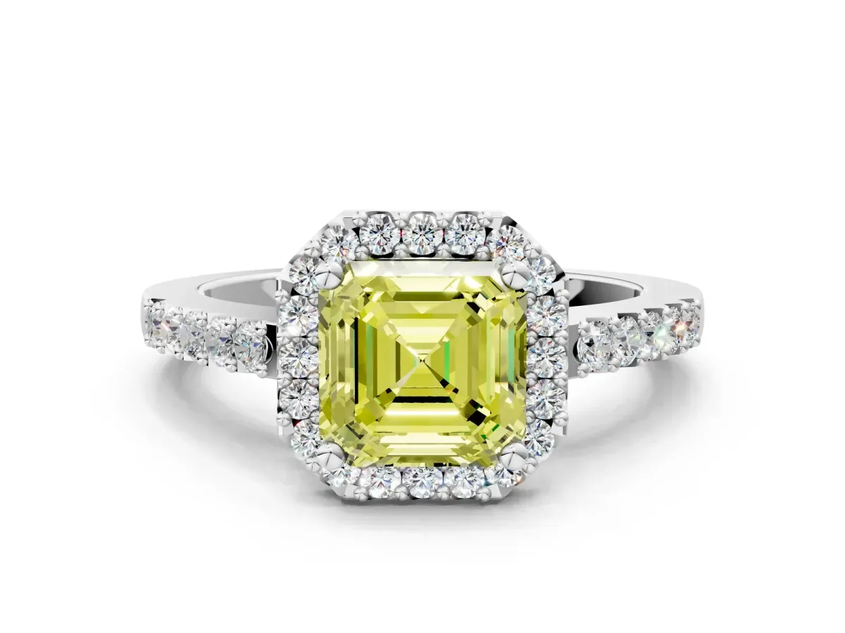 Fancy Yellow Asscher Cut Halo Diamond Pavé Solitaire Ring Platinum