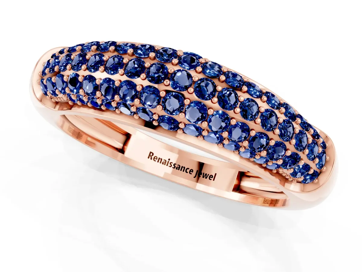 Three-Row Pavé Round Blue Sapphire Dome Band Rose gold