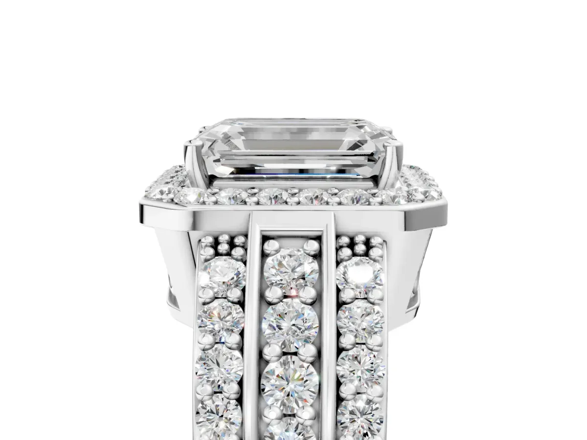 Emerald Cut Halo Diamond Ring with Round Split Shank and Prong Setting Platinum
