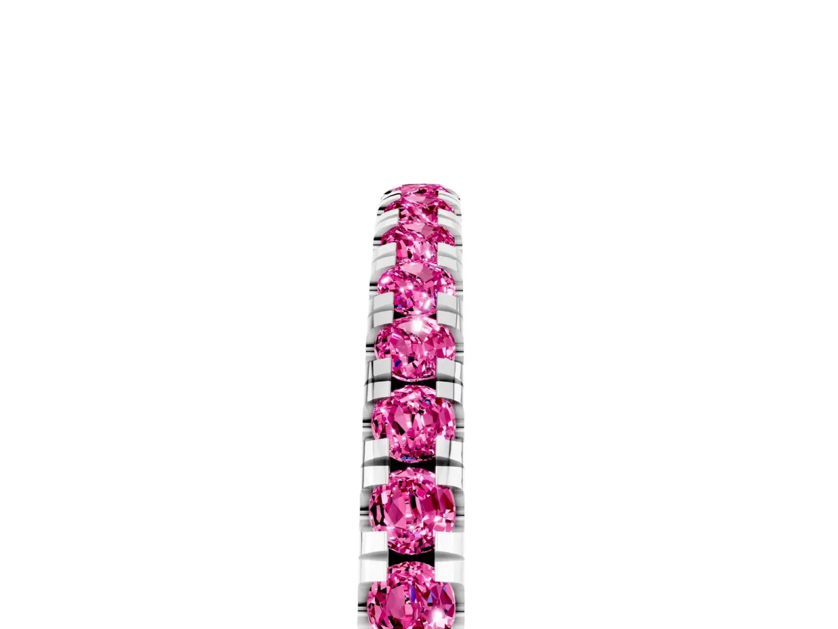 Pavé Round Pink Sapphire Half Eternity Band with Shared Prong Setting Silver