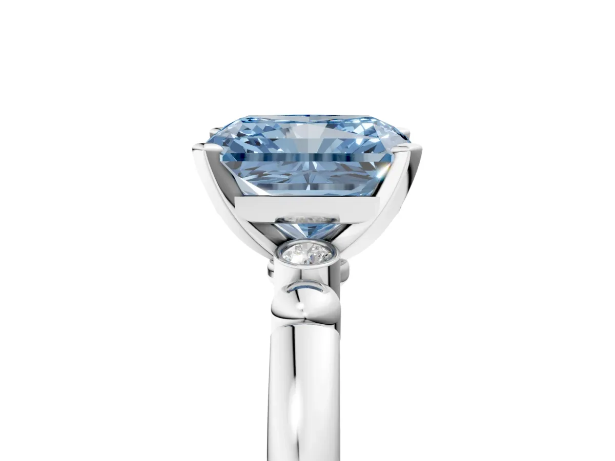 Fancy Blue Radiant Cut Solitaire Beaded Band with Four-Prong Setting Platinum