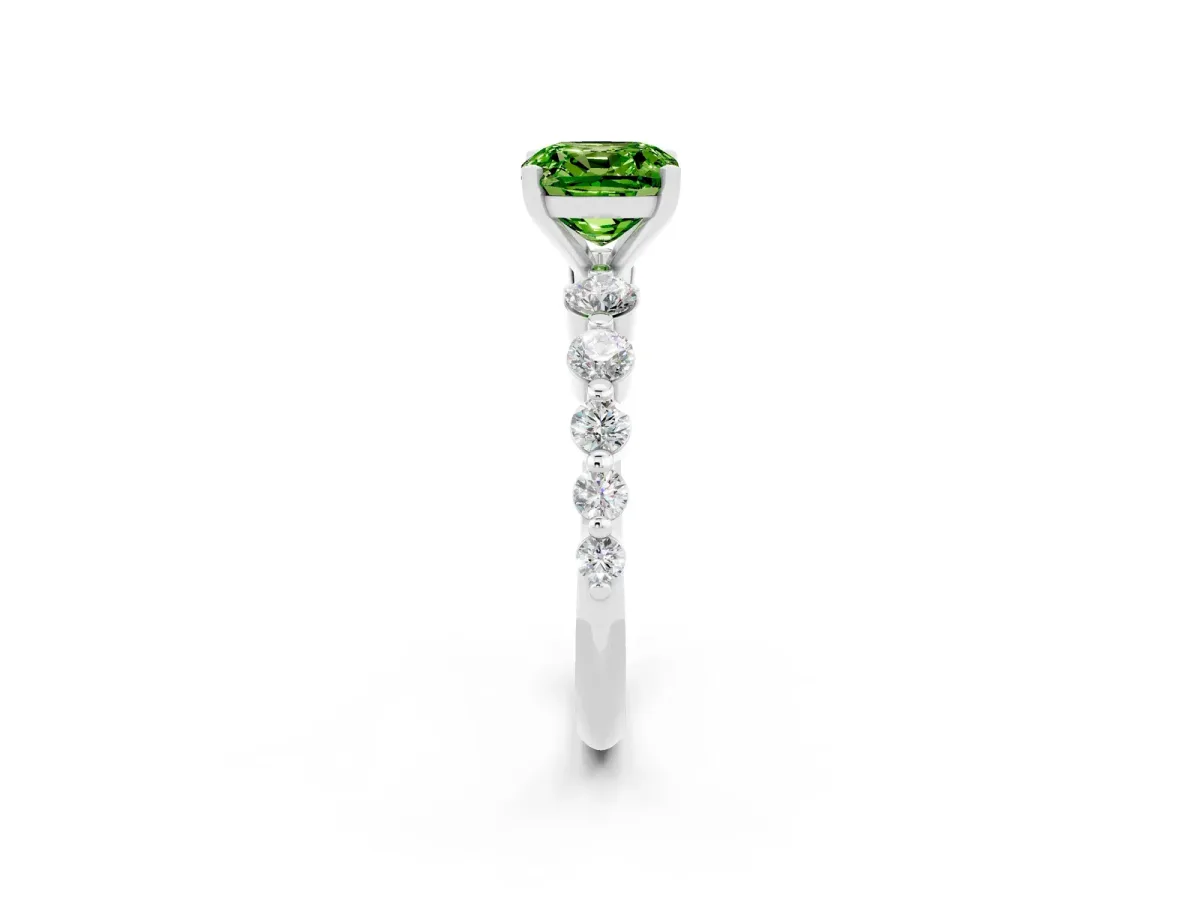 Cushion Cut Solitaire Peridot Ring with Pave Band and Four-Prong Setting Platinum