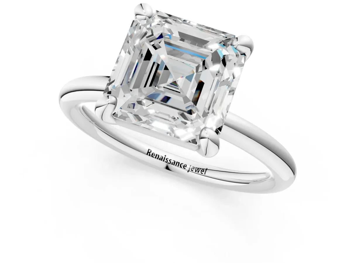 Asscher Cut Solitaire Diamond Ring with Four-Prong Setting on a Plain Band Platinum