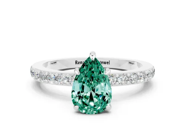 Pear Cut Green Sapphire Solitaire Engagement Ring with Pavé Band and Four-Prong Setting Platinum