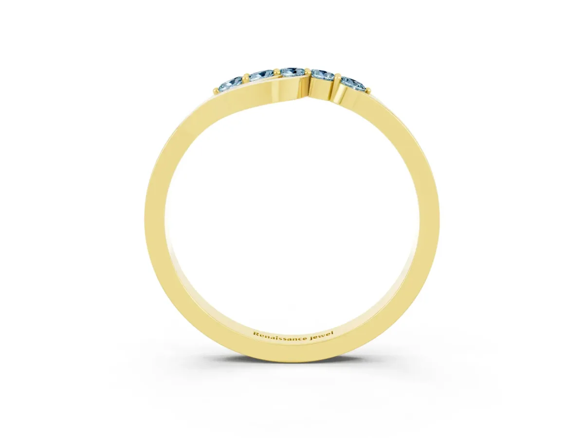 Five-Stone Round Aquamarine Crossover Band with Prong Setting Yellow gold