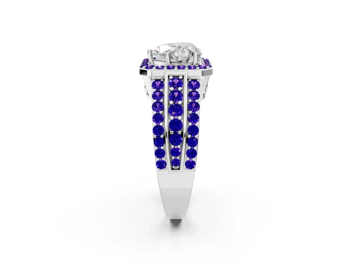 Heart Cut Halo Diamond Ring with Round Tanzanite Split Shank and Prong Setting Silver