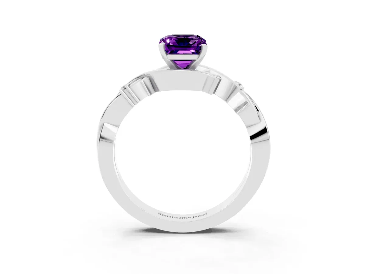 Emerald Cut Amethyst Solitaire Ring with Twisted Band and Prong Setting Silver