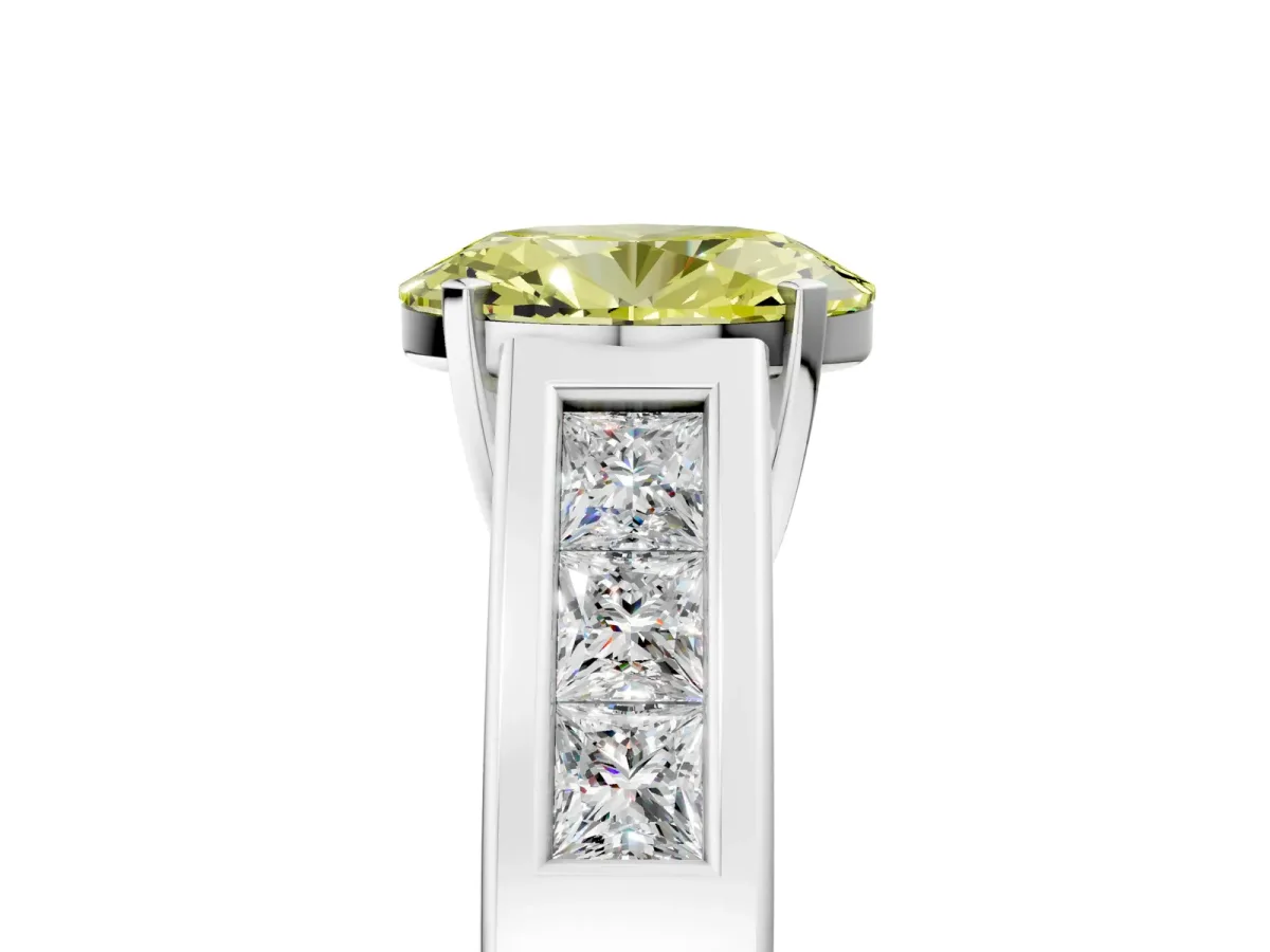 Fancy Yellow Oval Cut Cut Channel Set Solitaire Ring with Four-Prong Setting Silver