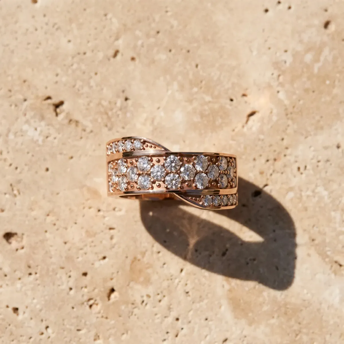 Pavé Round Diamond Crossover Band with Bead Prong Setting Rose gold
