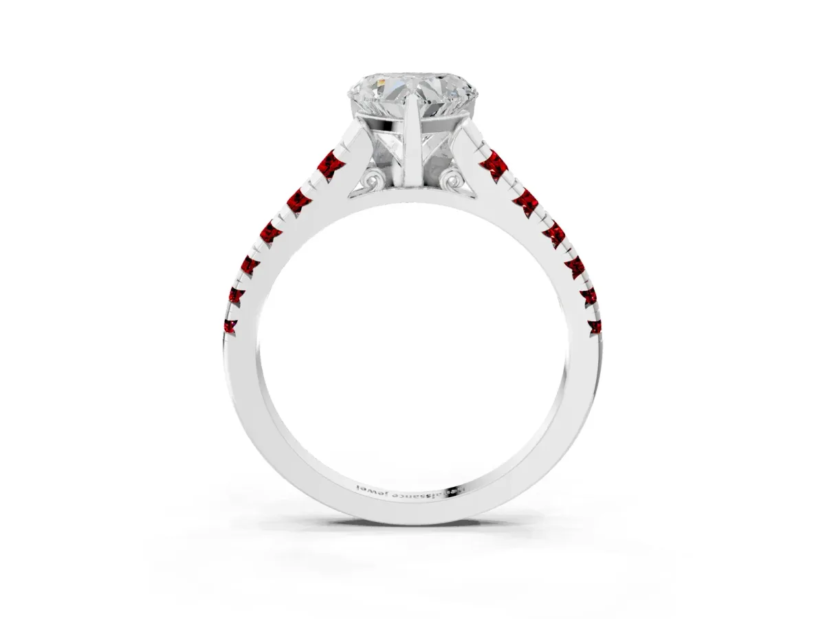 Heart Cut Diamond Cathedral Solitaire Ring with Round Ruby Pavé Band Platinum
