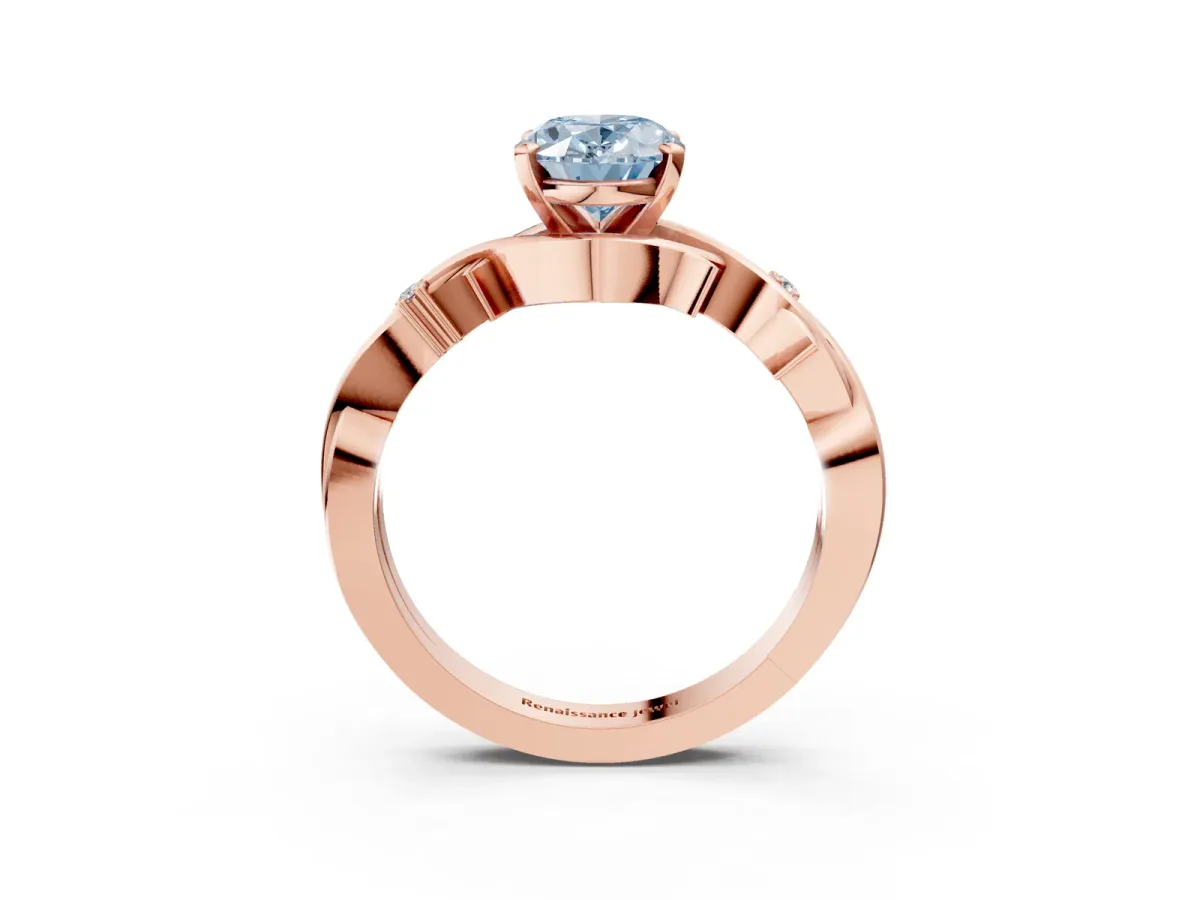 Fancy Blue Oval Cut Diamond Solitaire Ring with Twisted Band and Prong Setting Rose gold