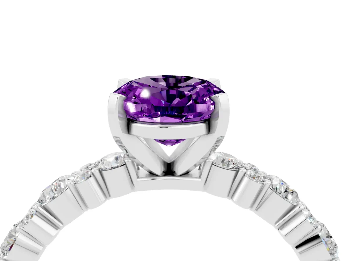 Oval Cut Amethyst Side Stone Solitaire Ring with Round and Four-Prong Setting Silver