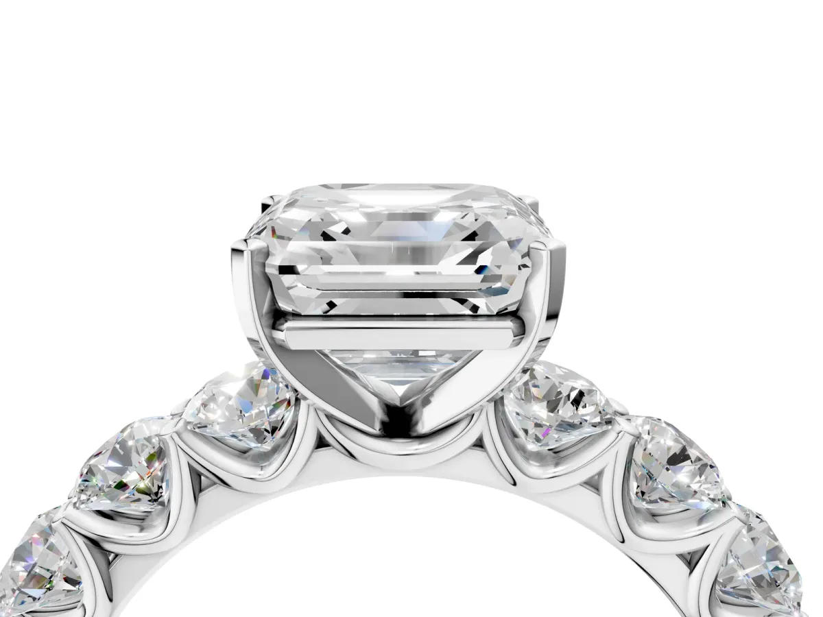 Asscher Cut Diamond Prong Setting with Side Stones on a Pave Band Platinum