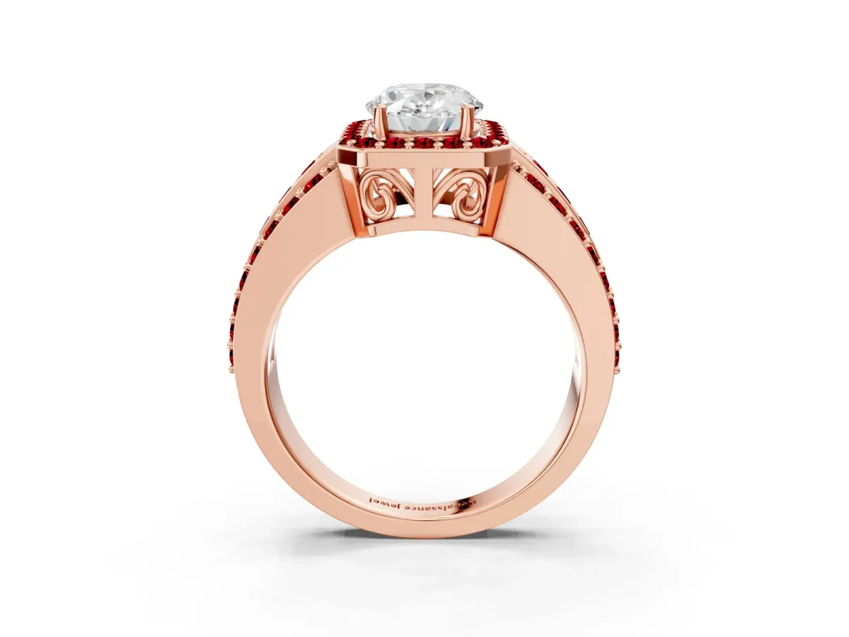 Oval Cut Halo Diamond Ring with Round Ruby Split Shank and Prong Setting Rose gold