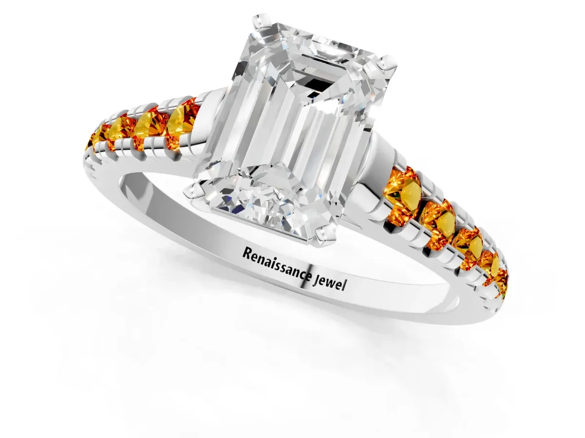 Emerald Cut Diamond Cathedral Solitaire Ring with Round Citrine Pavé Band Silver