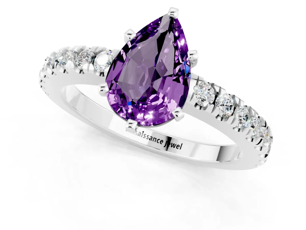Pear Cut Solitaire Amethyst with Pavé Band and Four-Prong Setting Platinum