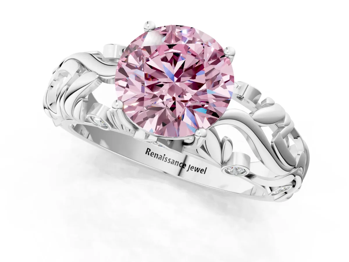Fancy Pink Round Cut Solitaire Diamond Leaf-Inspired Vine Band Ring with Prong Setting Silver