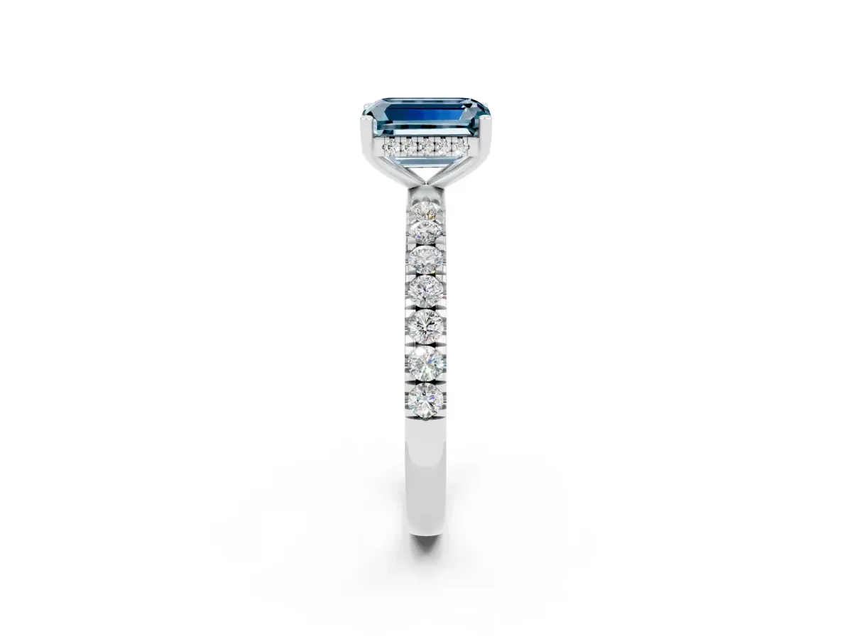 Emerald Cut Aquamarine Pave Band Solitaire Ring with Round and Prong Setting Silver