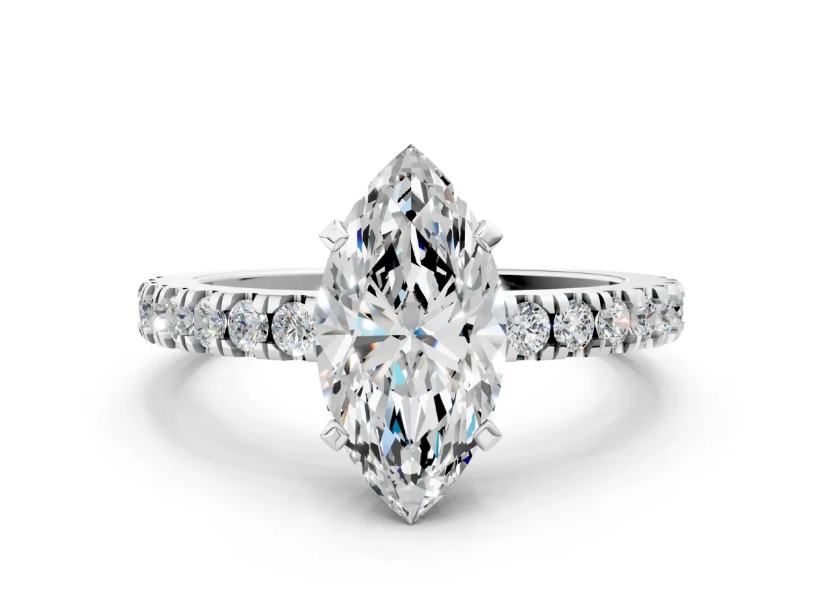Marquise Cut Solitaire Diamond with Pavé Band and Four-Prong Setting Silver