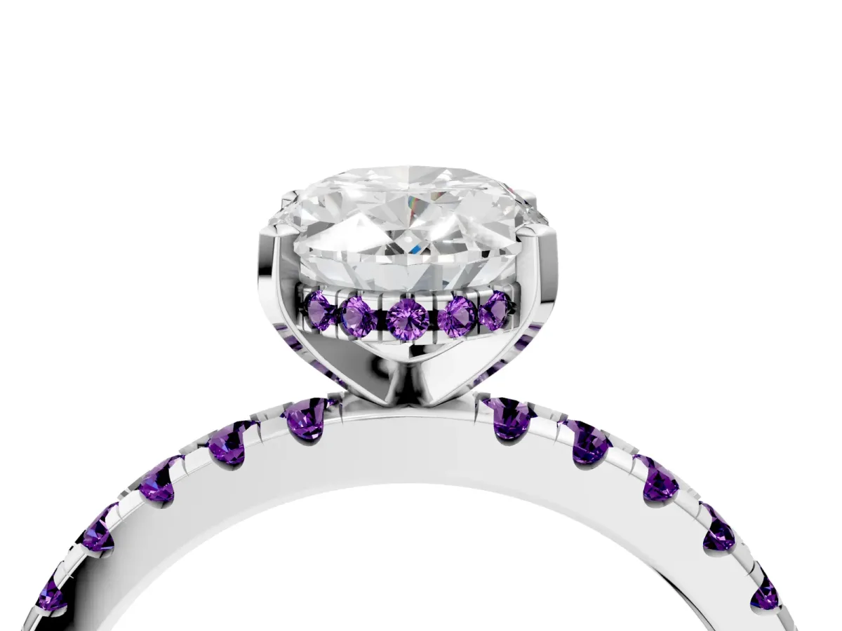 Oval Cut Diamond Solitaire Ring with Round Amethyst Pavé Band and Four-Prong Setting Silver