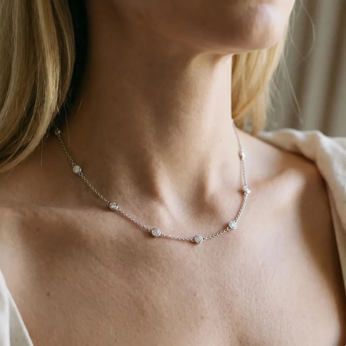 Bezel-Set Round Diamond Station Necklace Silver