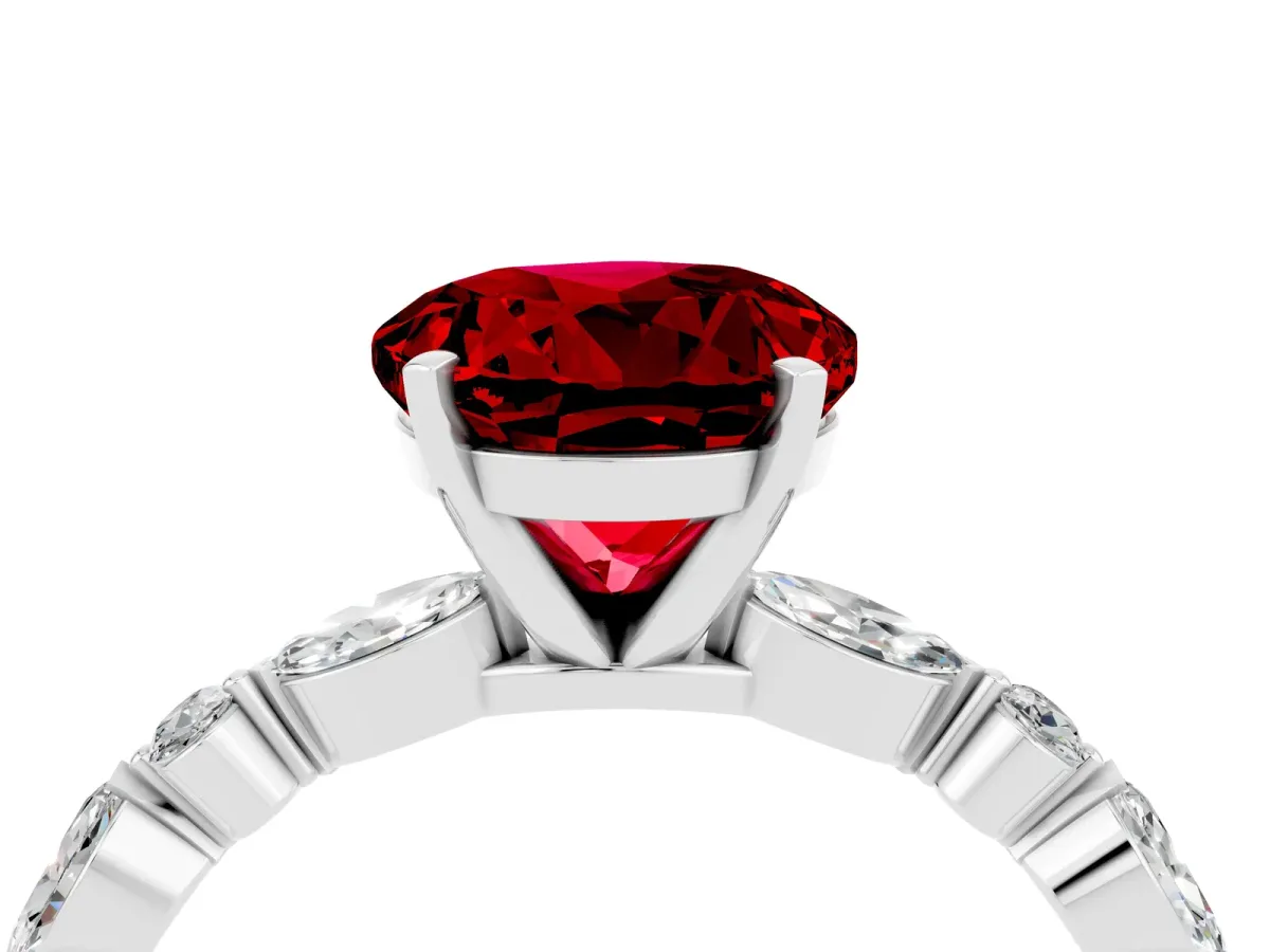 Round Cut Ruby Ring with Marquise and Round Side Stones and Four-Prong Setting Platinum