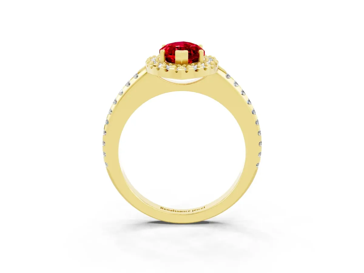 Marquise Cut Ruby Pavé Halo Ring with Four-Prong Setting Yellow gold