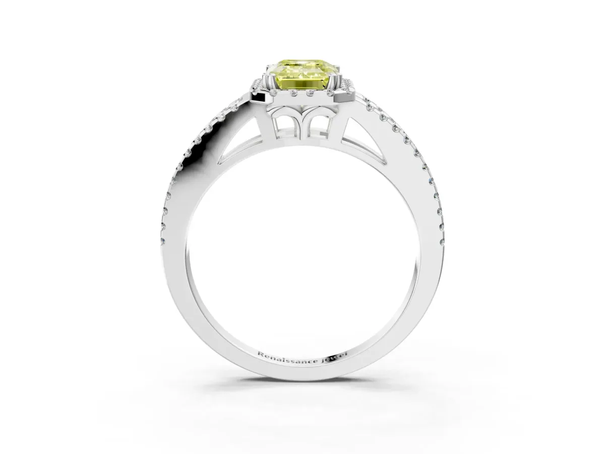 Fancy Yellow Emerald Cut Diamond Halo Split Shank Engagement Ring Platinum