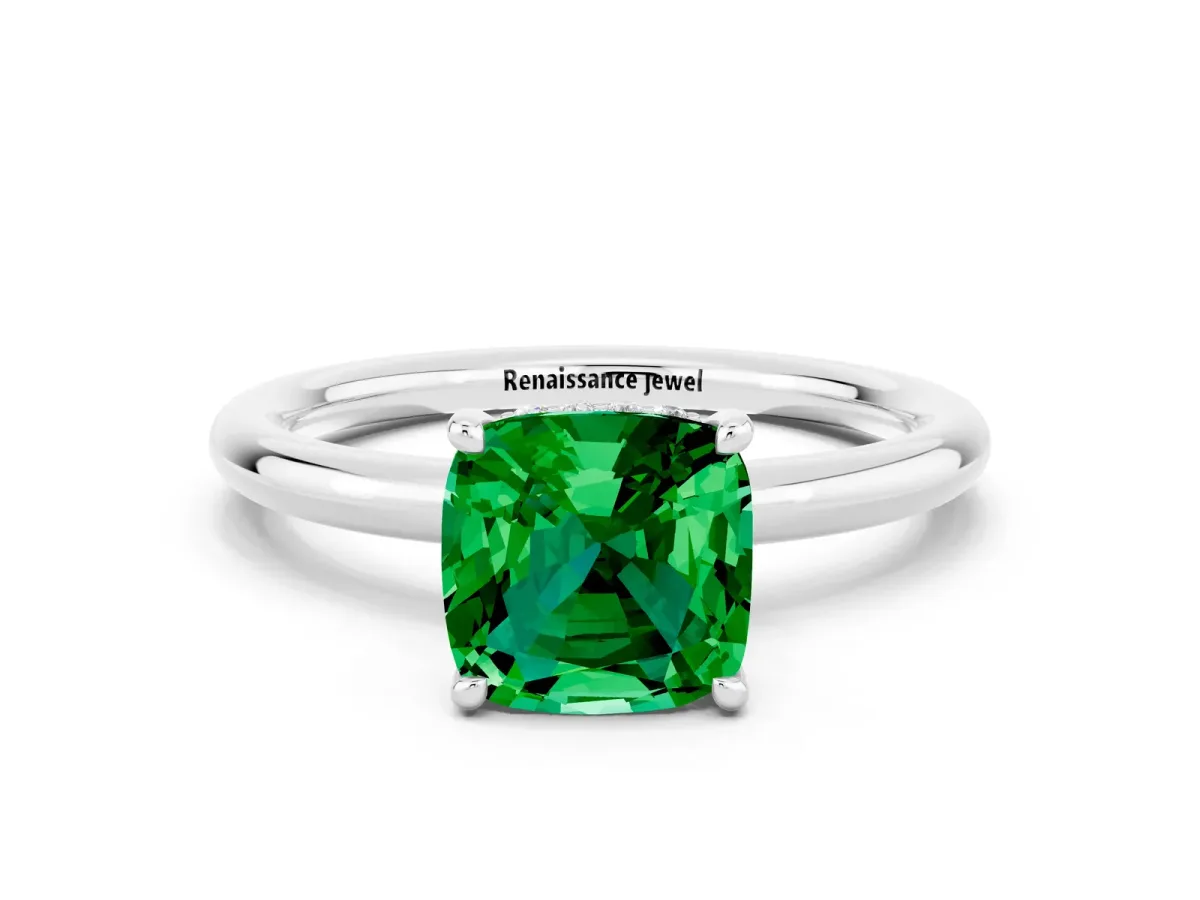 Cushion Cut Emerald Solitaire Ring with Thin Band and Four-Prong Setting Platinum