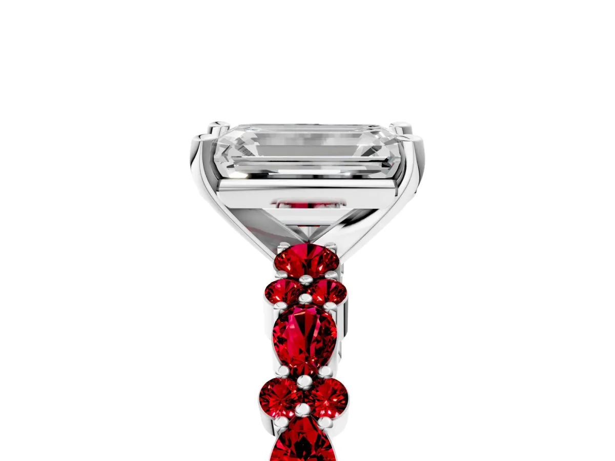 Emerald Cut Diamond Side Stone Solitaire Ring with Round Ruby and Four-Prong Setting White gold
